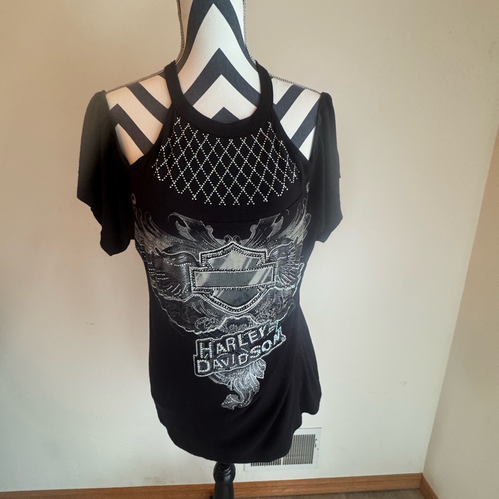 Harley-Davidson Black Graphic Cut Out Short Sleeve Tee